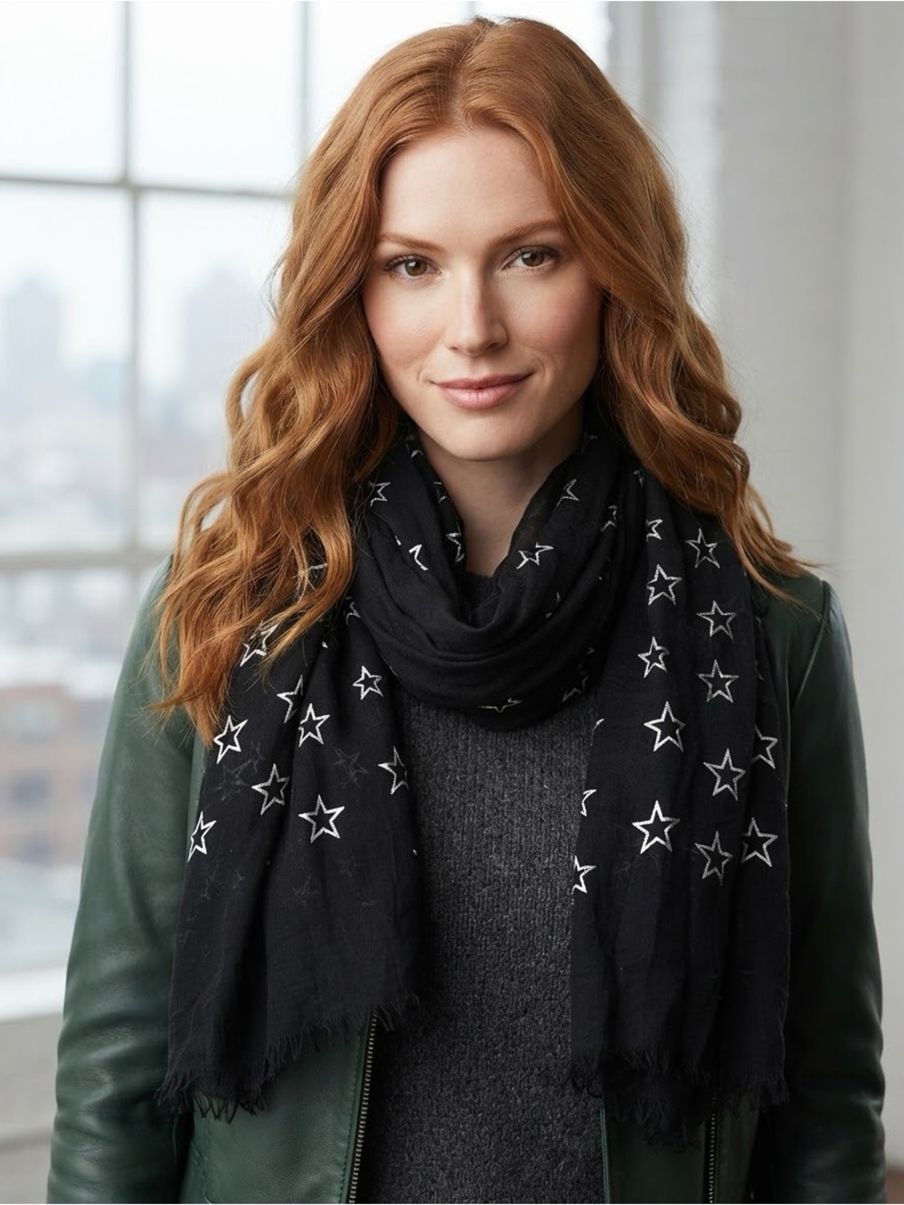 Black scarf white Star pattern Embroidered Scarf - 100% cotton